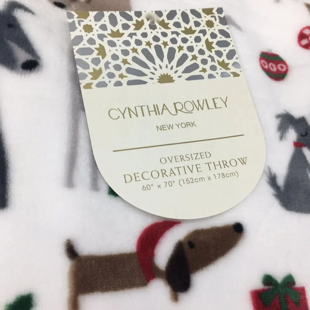 Cynthia Rowley Christmas Dogs Throw Blanket Santa Hat Reindeer Antler Candy Cane